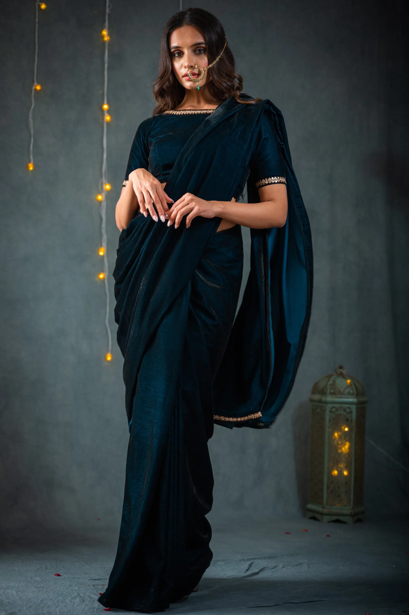 Velvet Peacock Feather Saree