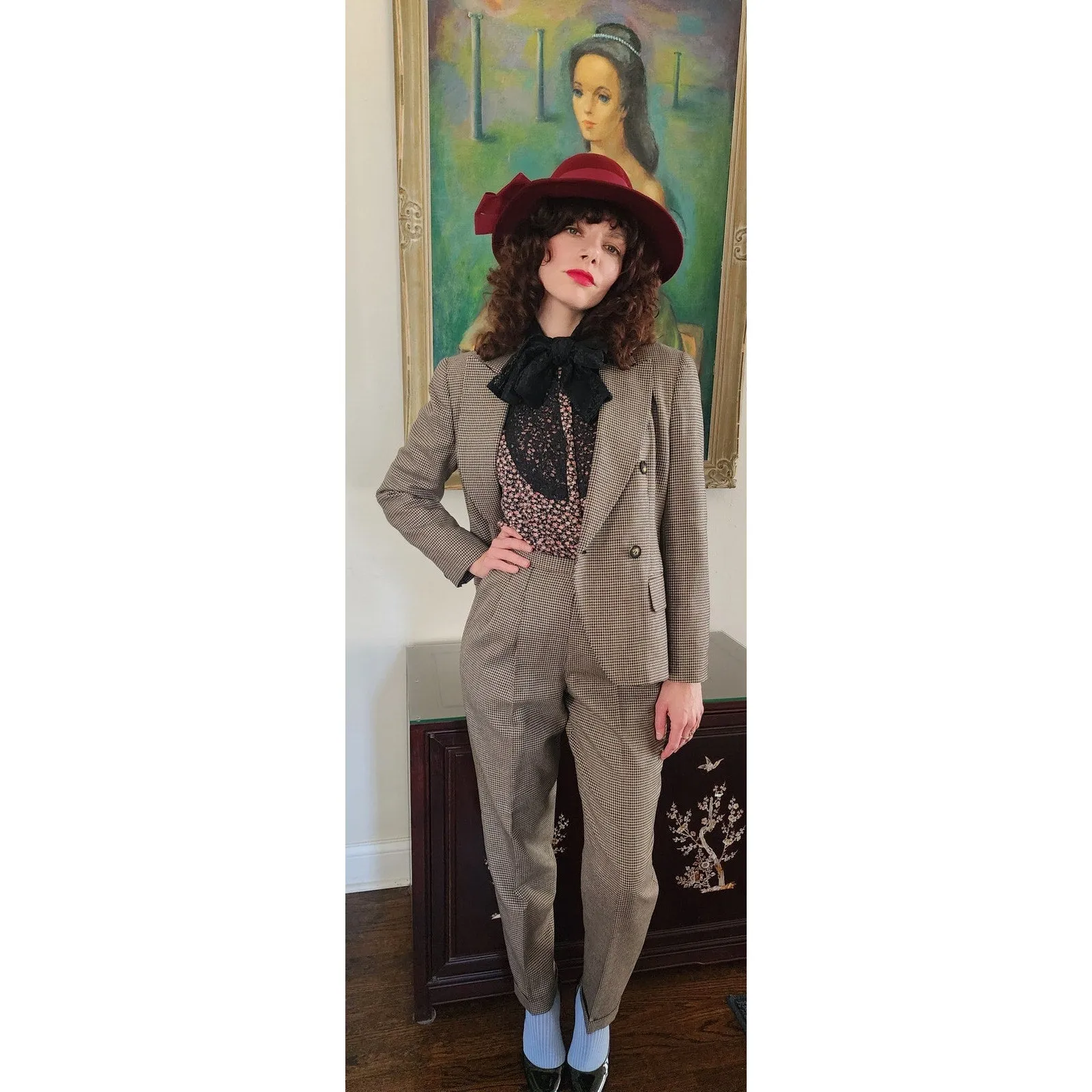 Vintage 90s Pant Suit Houndstooth Wool Jones New York / S