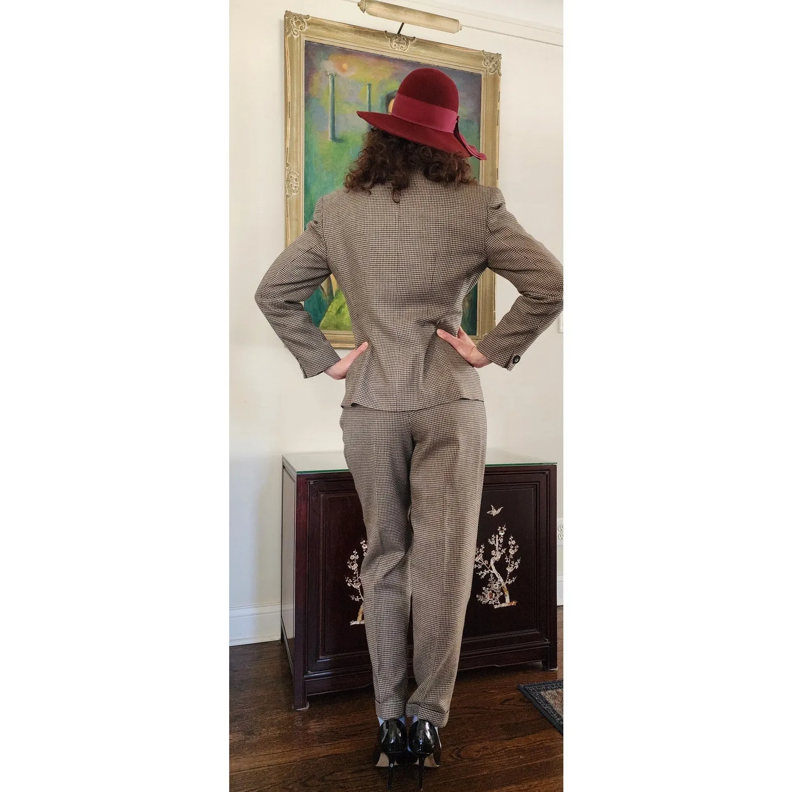 Vintage 90s Pant Suit Houndstooth Wool Jones New York / S
