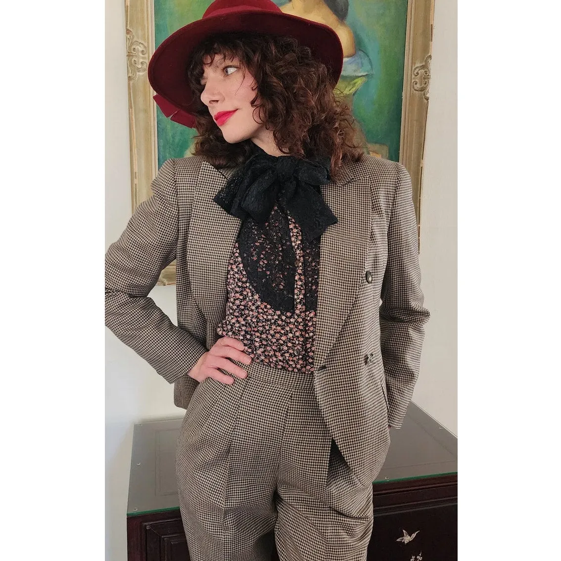 Vintage 90s Pant Suit Houndstooth Wool Jones New York / S