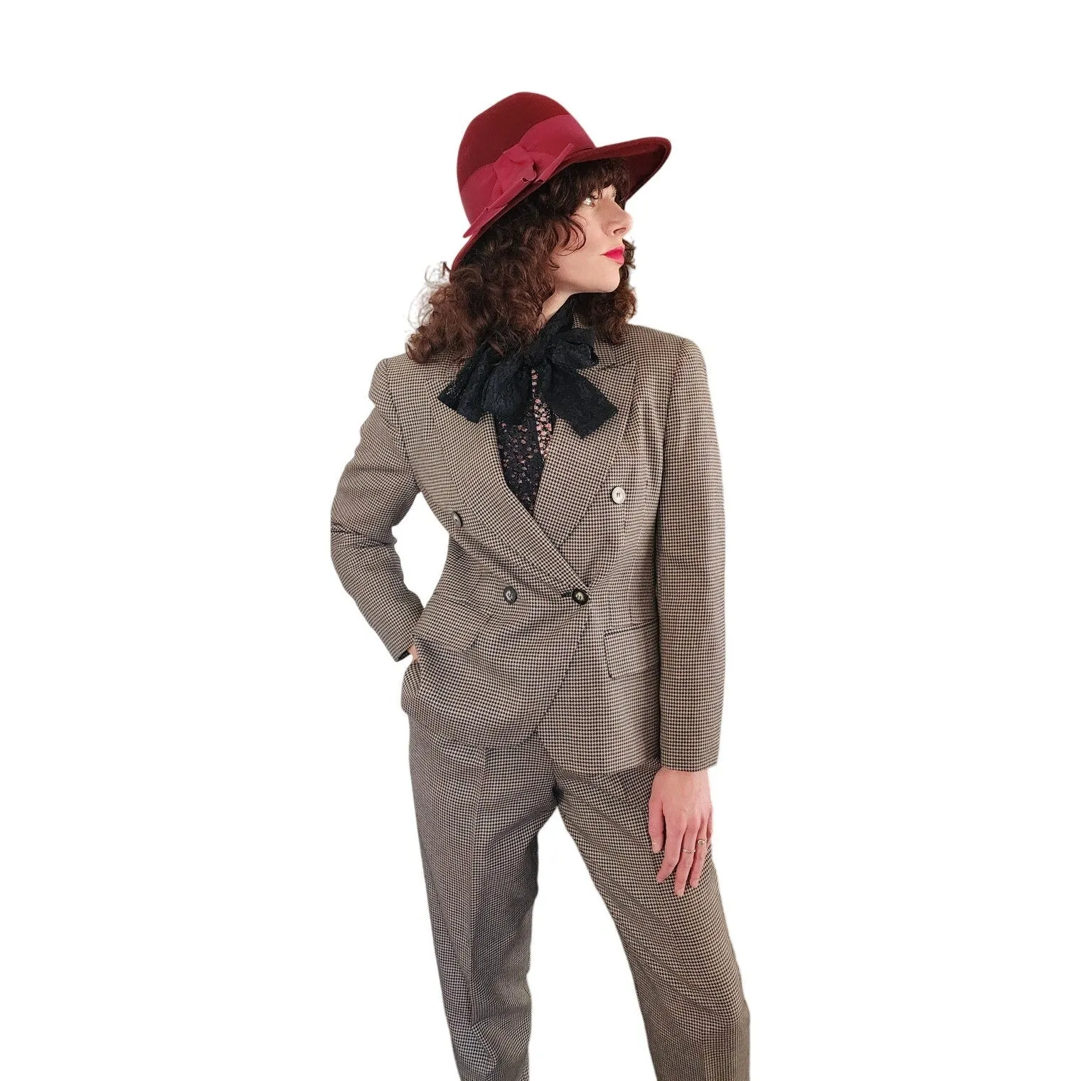 Vintage 90s Pant Suit Houndstooth Wool Jones New York / S