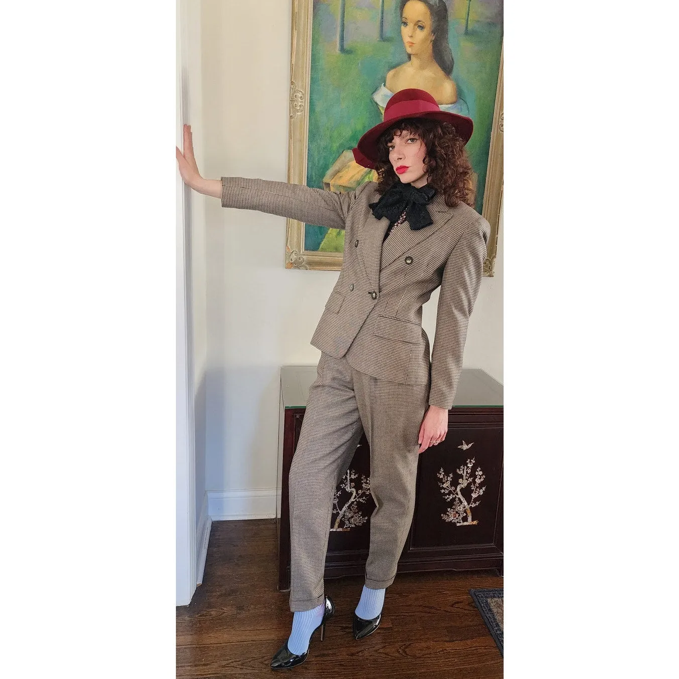 Vintage 90s Pant Suit Houndstooth Wool Jones New York / S