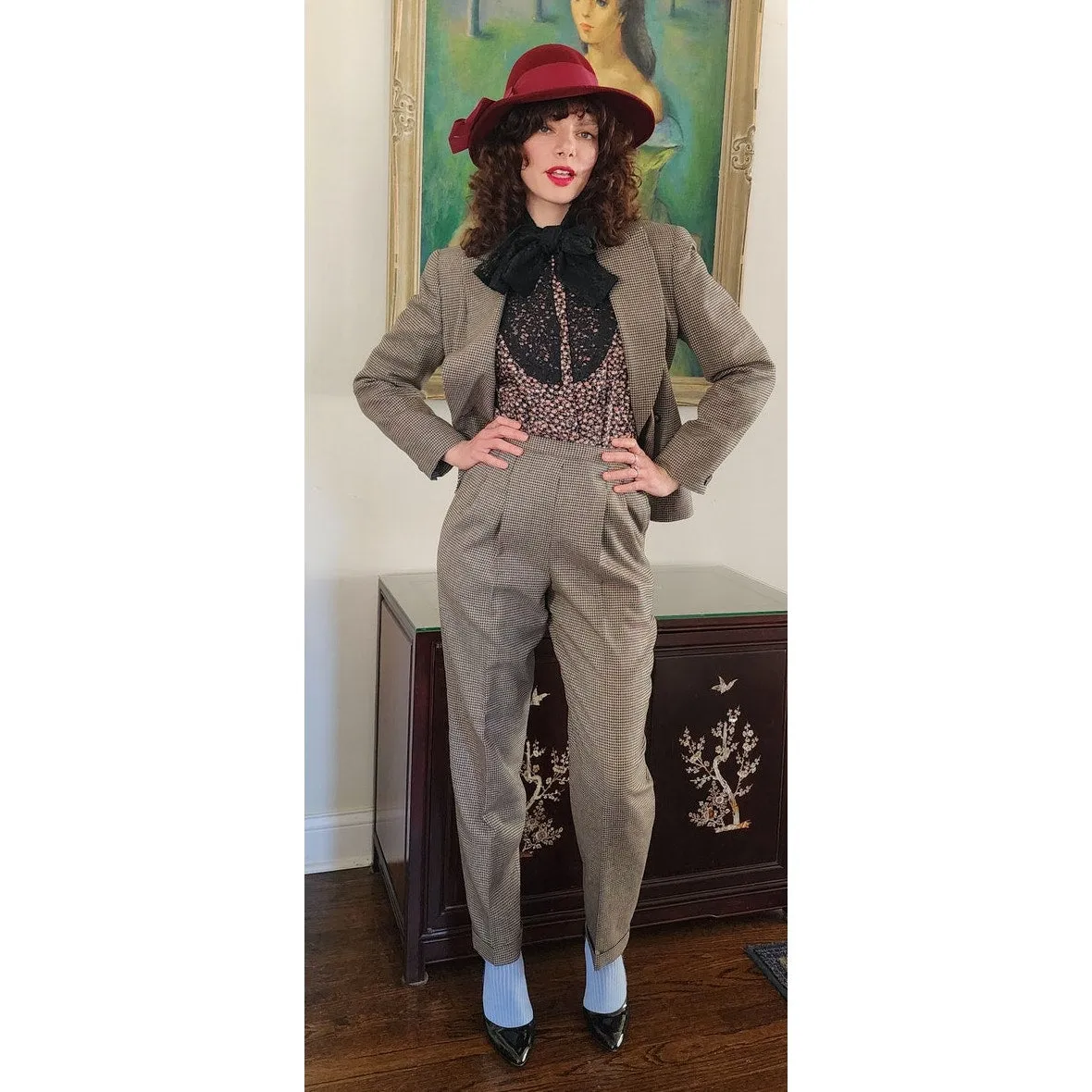 Vintage 90s Pant Suit Houndstooth Wool Jones New York / S