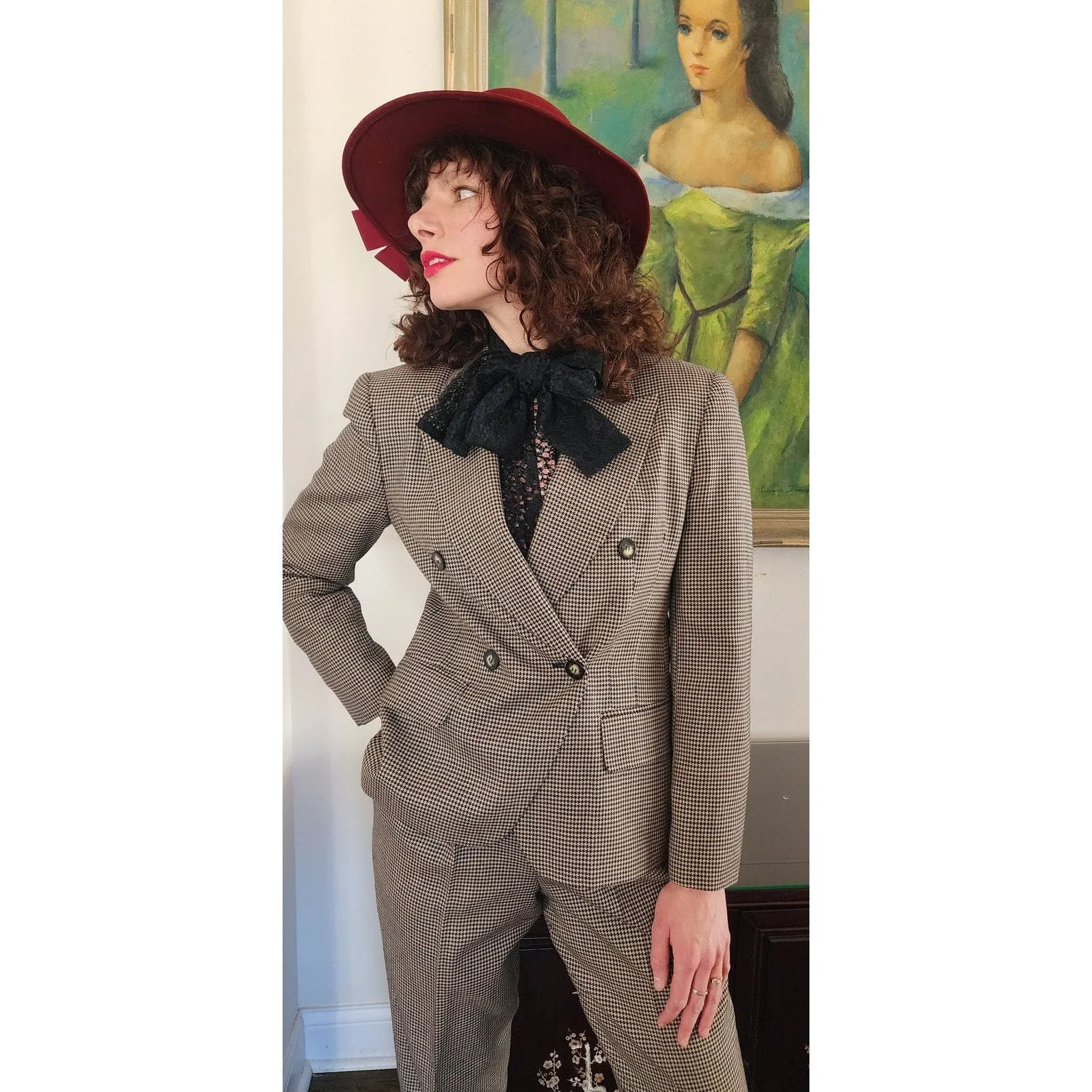 Vintage 90s Pant Suit Houndstooth Wool Jones New York / S