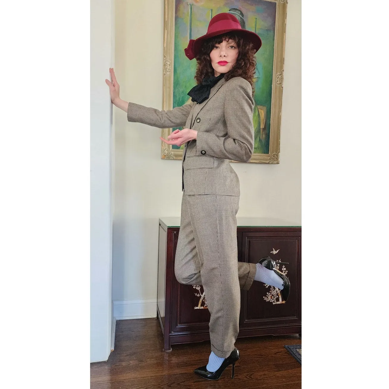 Vintage 90s Pant Suit Houndstooth Wool Jones New York / S
