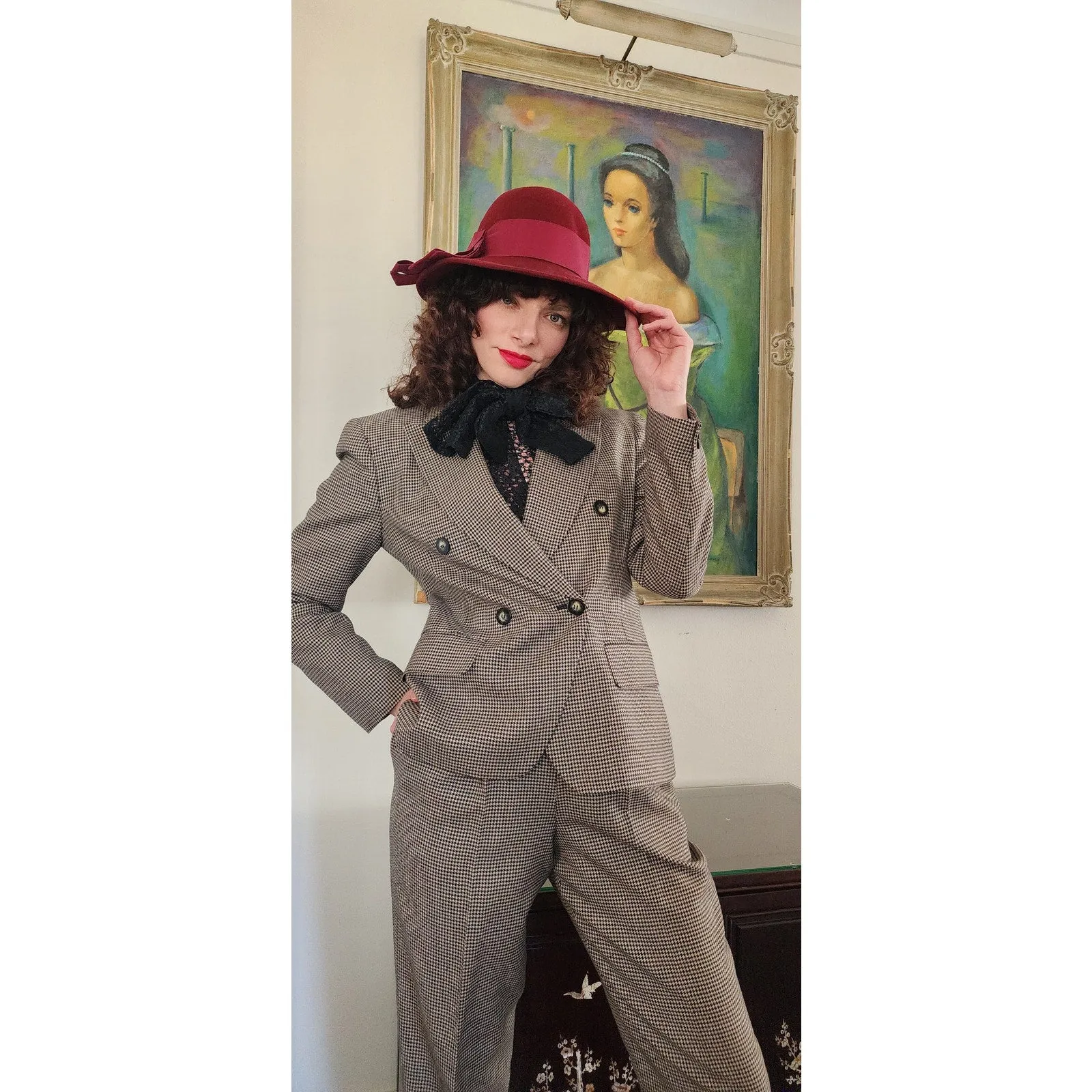 Vintage 90s Pant Suit Houndstooth Wool Jones New York / S