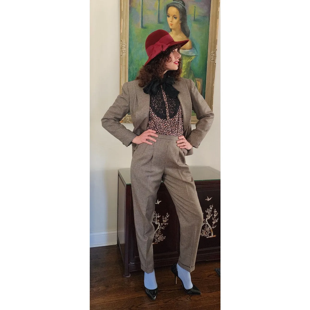 Vintage 90s Pant Suit Houndstooth Wool Jones New York / S