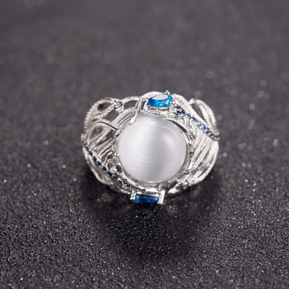 Vintage Opal Cat Eye Ring Hollow Silver Feather Big Stone Women Fashion Jewelry