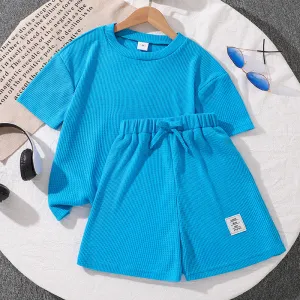 Waffle short-sleeved tops and shorts boys and girls two-piece suits