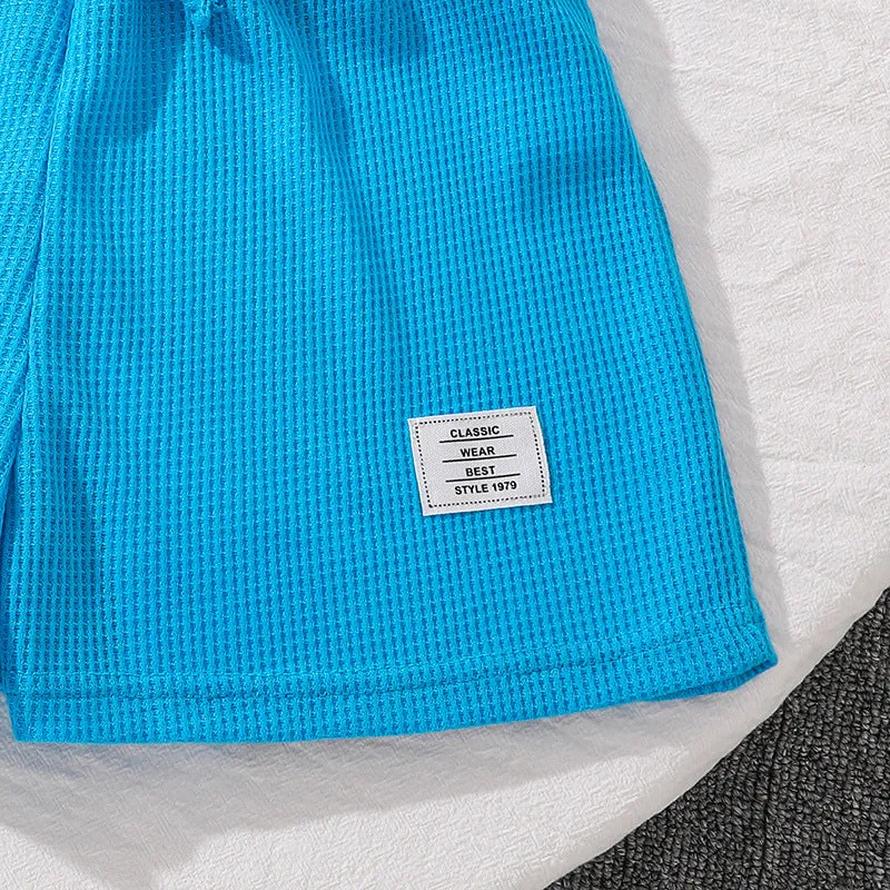 Waffle short-sleeved tops and shorts boys and girls two-piece suits