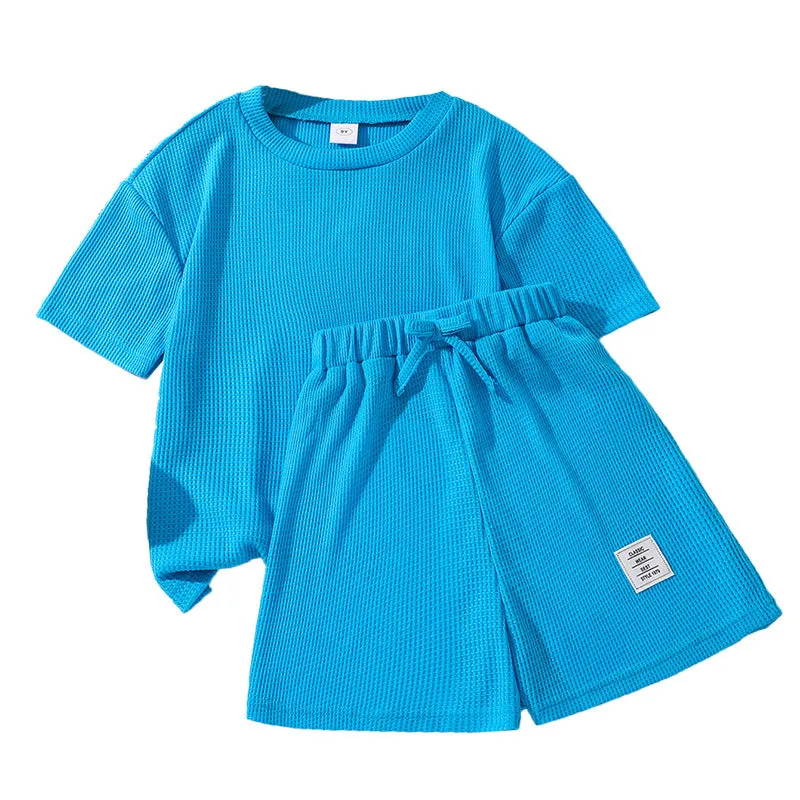 Waffle short-sleeved tops and shorts boys and girls two-piece suits