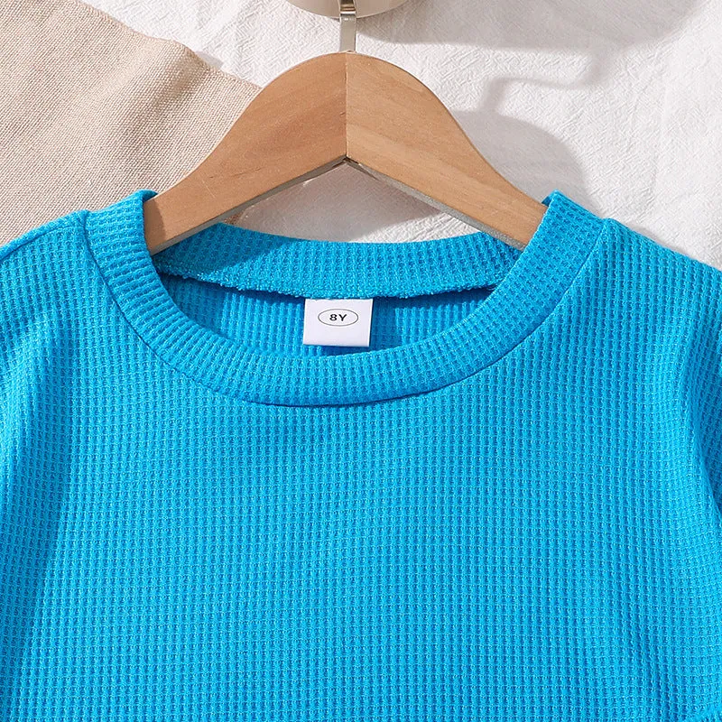 Waffle short-sleeved tops and shorts boys and girls two-piece suits