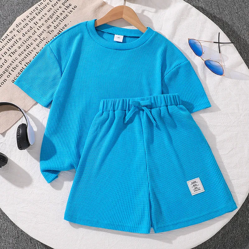 Waffle short-sleeved tops and shorts boys and girls two-piece suits