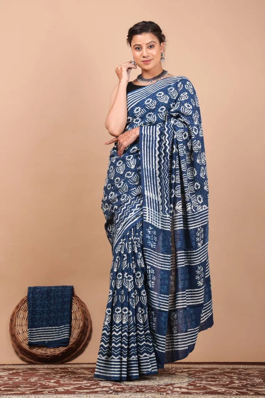 White and Blue Cotton Saree