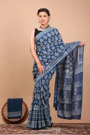 White and Blue Cotton Saree