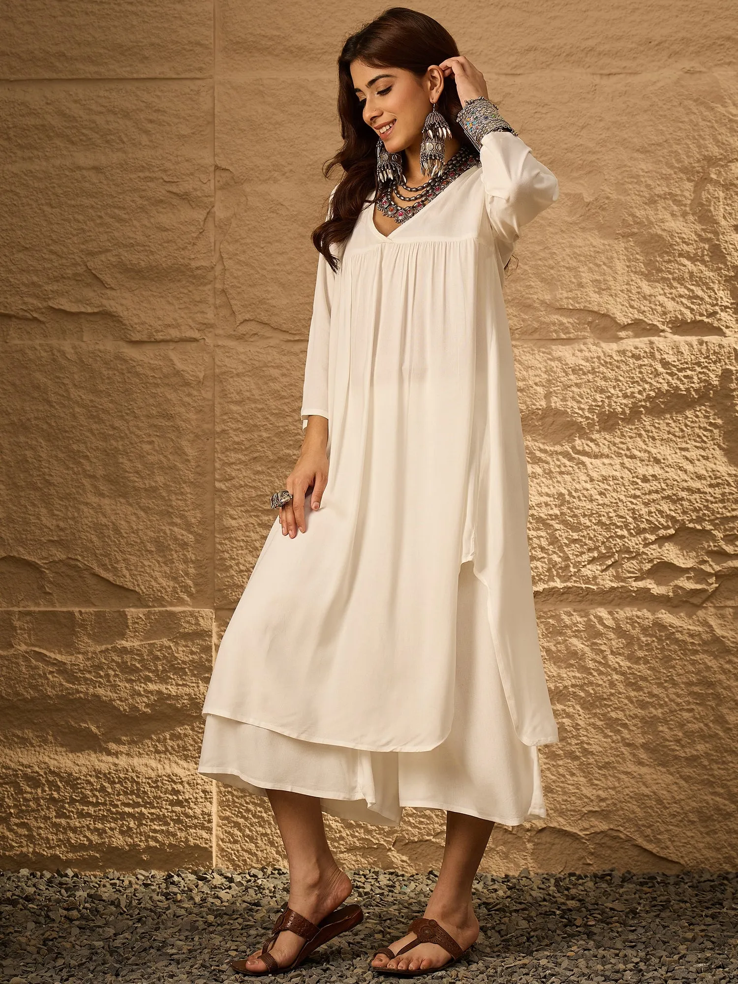White Flared Kurta Palazzo Set