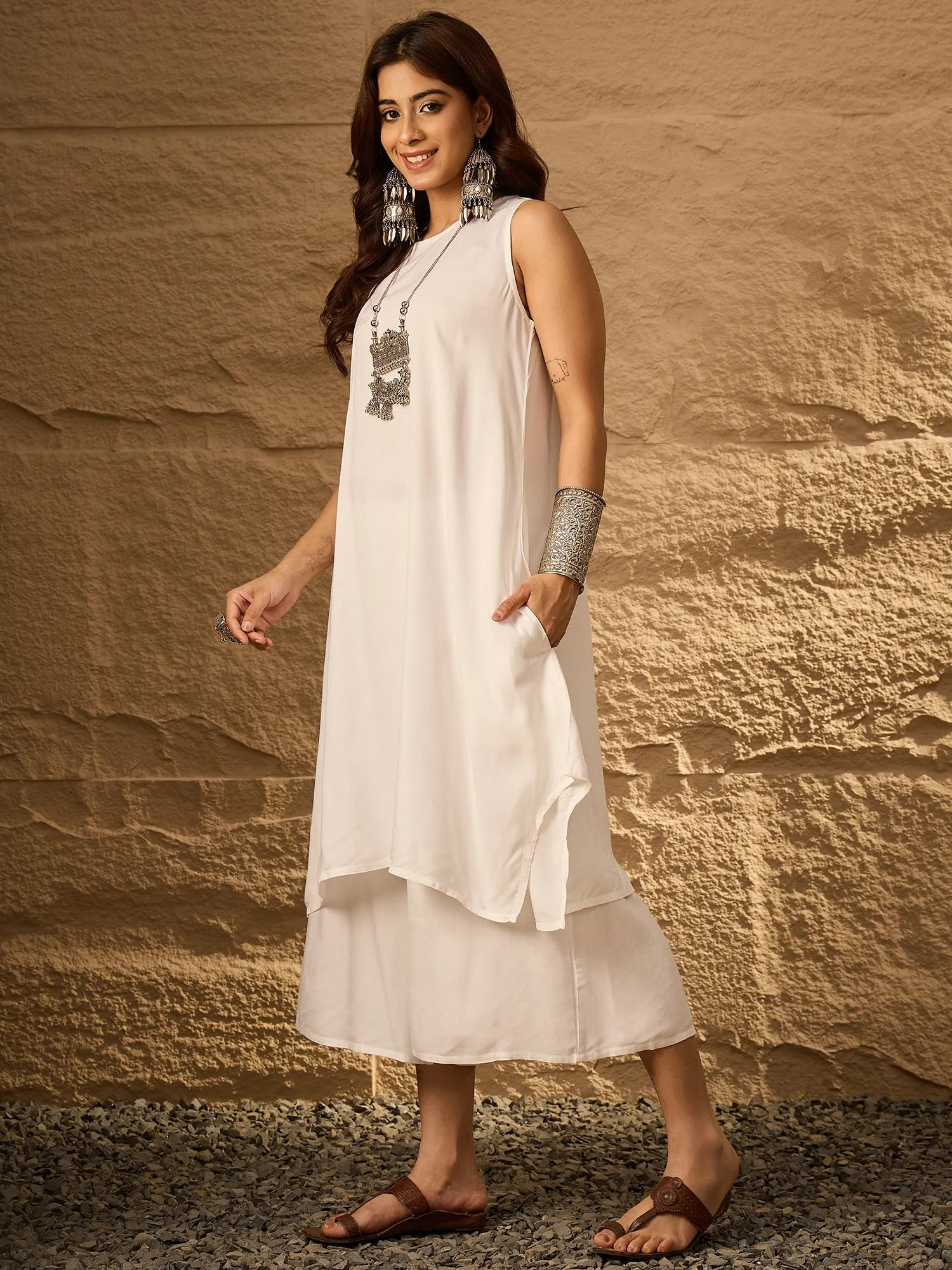 White Round Neck Short Palazzo Set