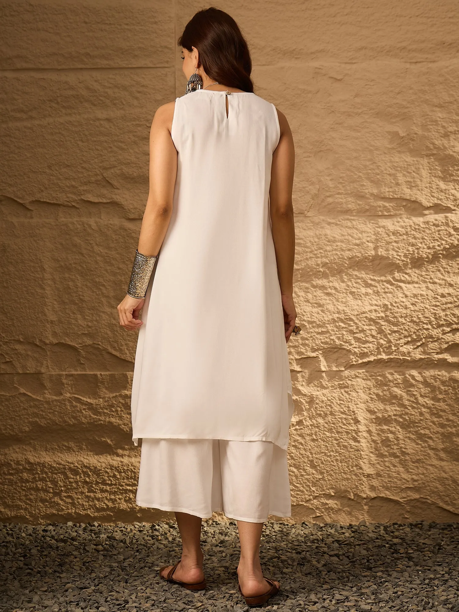 White Round Neck Short Palazzo Set