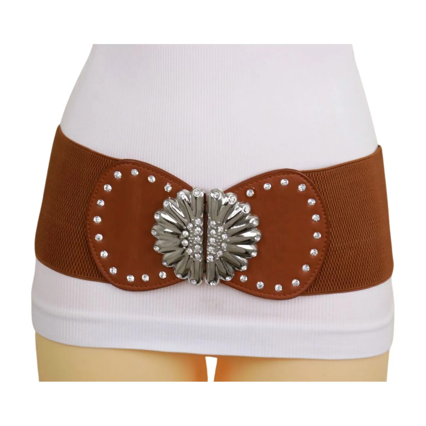Wide Brown Faux Leather Elastic Fashion Belt Flower Buckle S M