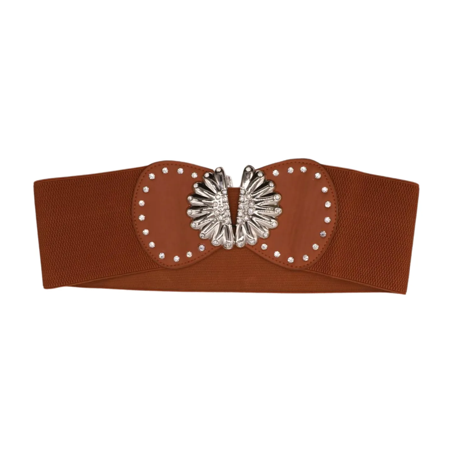 Wide Brown Faux Leather Elastic Fashion Belt Flower Buckle S M