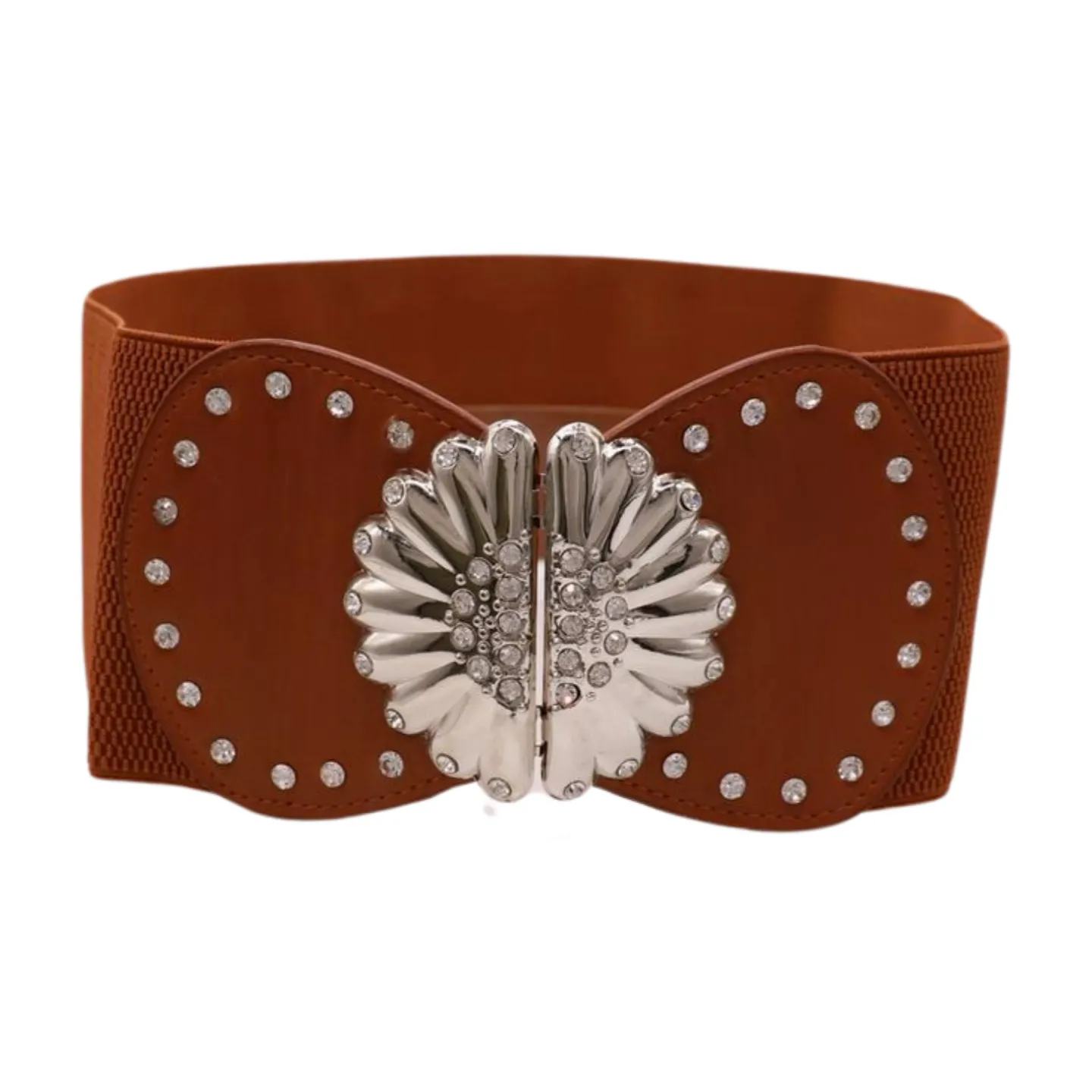 Wide Brown Faux Leather Elastic Fashion Belt Flower Buckle S M