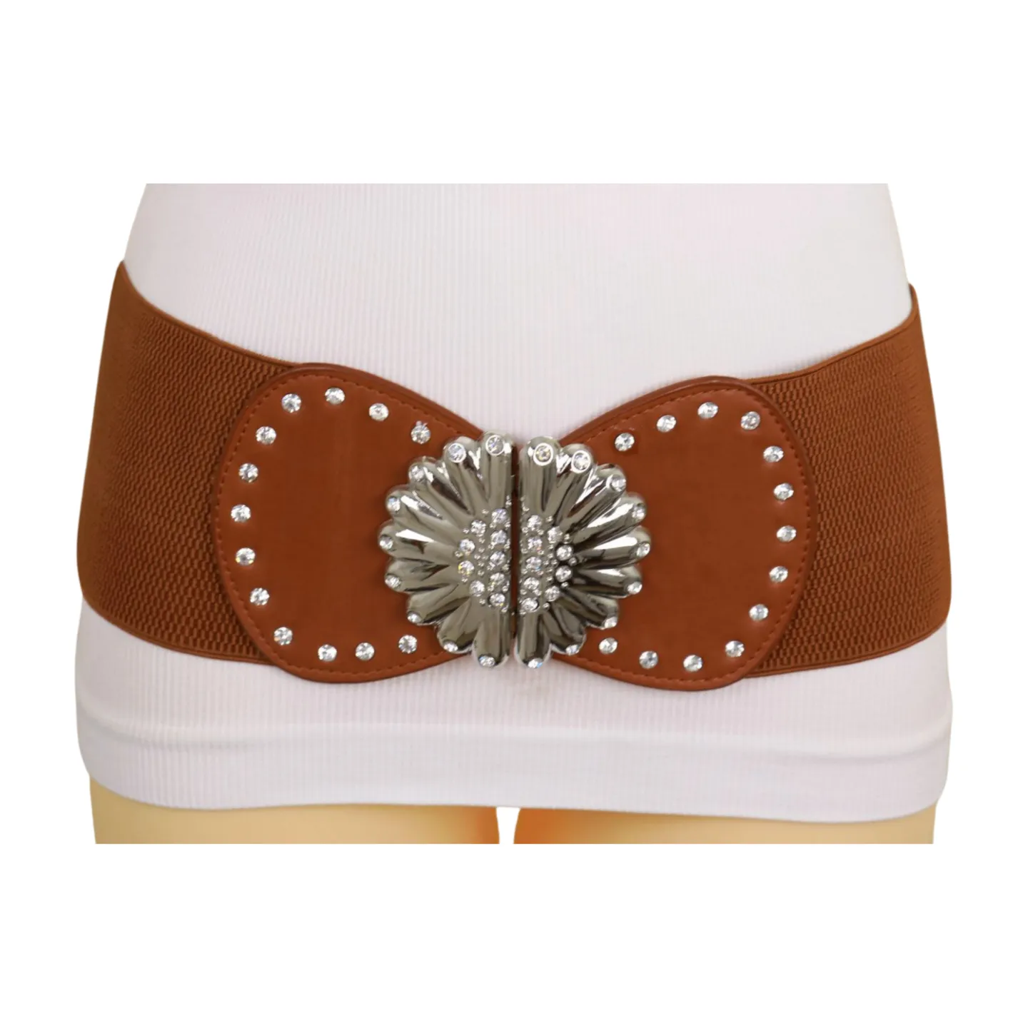 Wide Brown Faux Leather Elastic Fashion Belt Flower Buckle S M