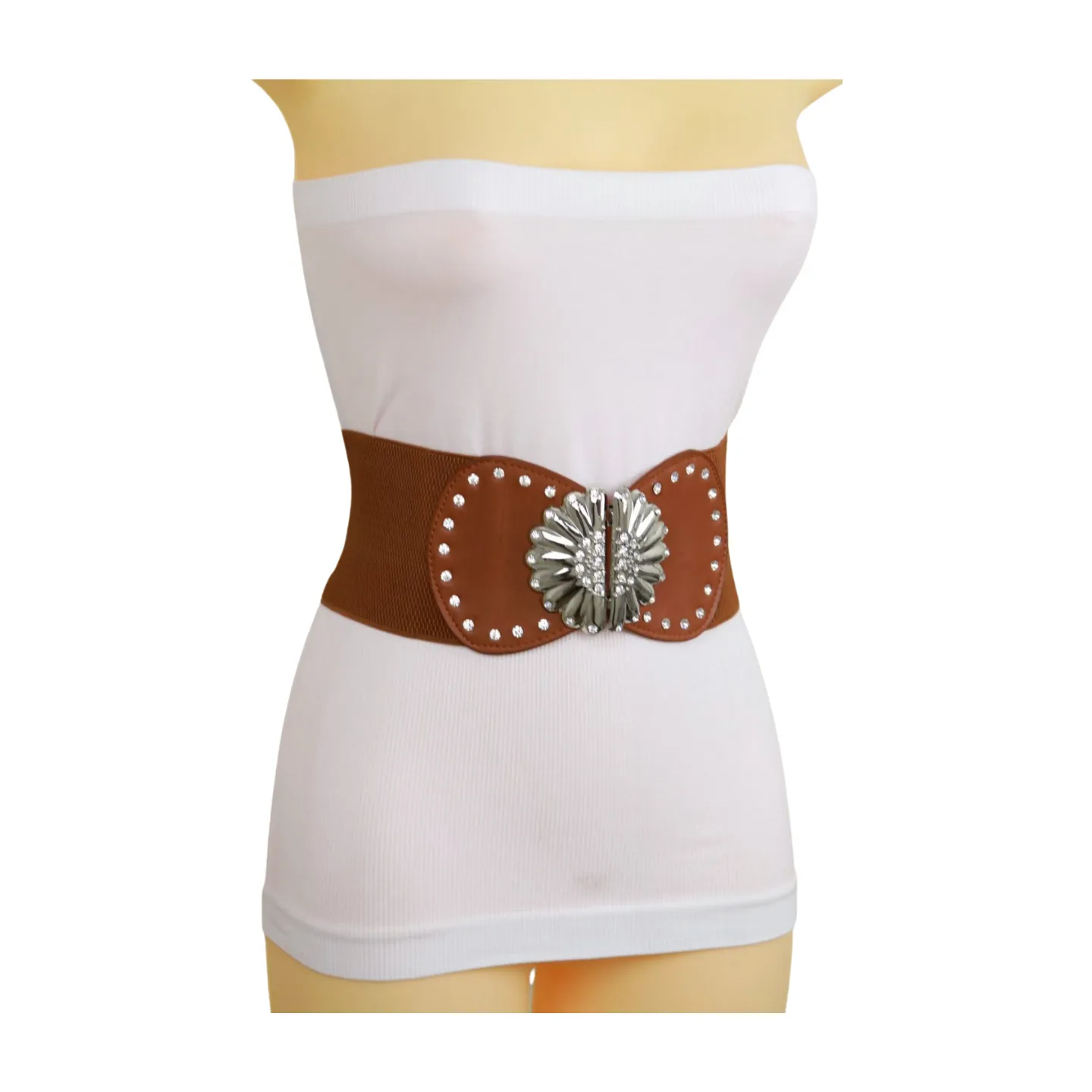 Wide Brown Faux Leather Elastic Fashion Belt Flower Buckle S M