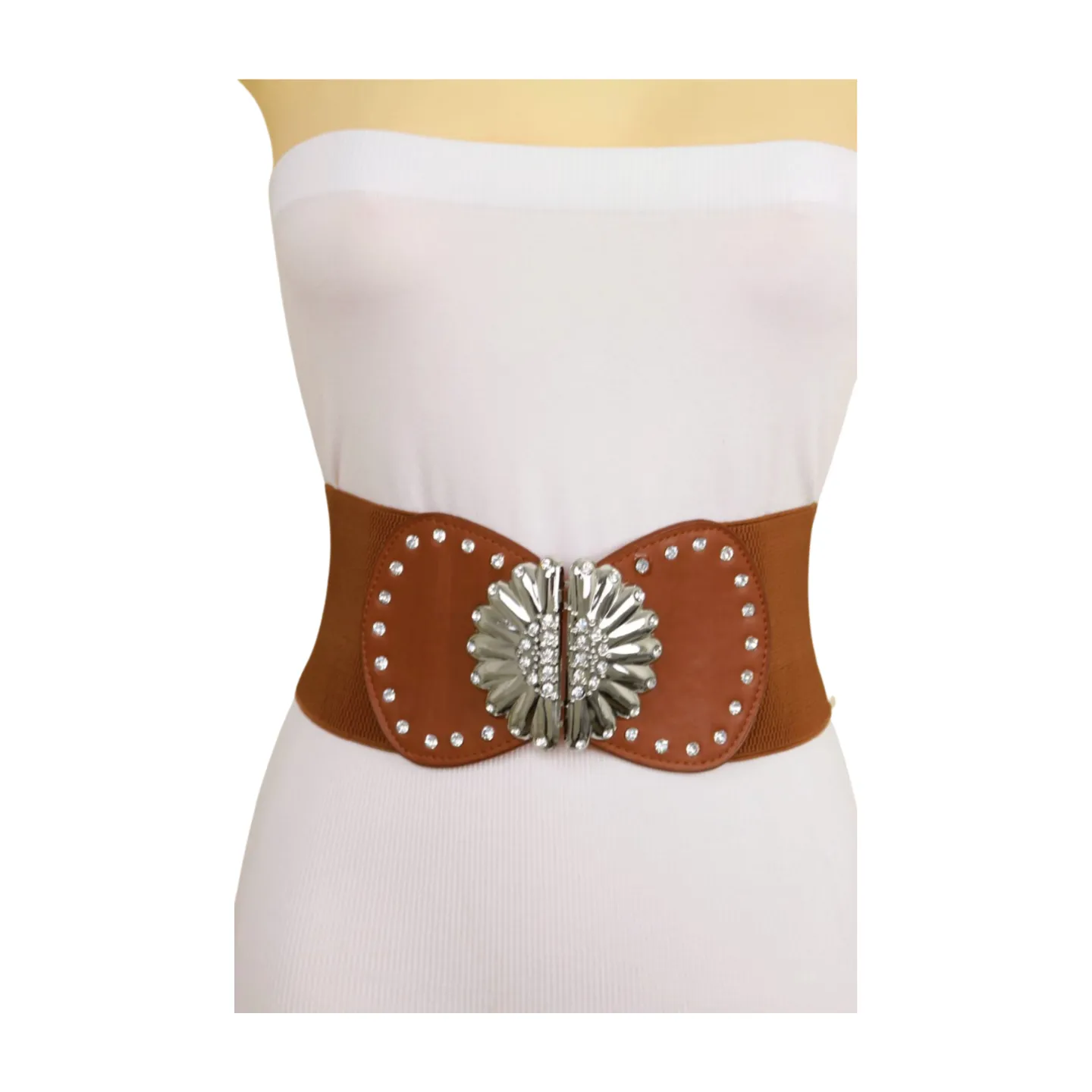 Wide Brown Faux Leather Elastic Fashion Belt Flower Buckle S M
