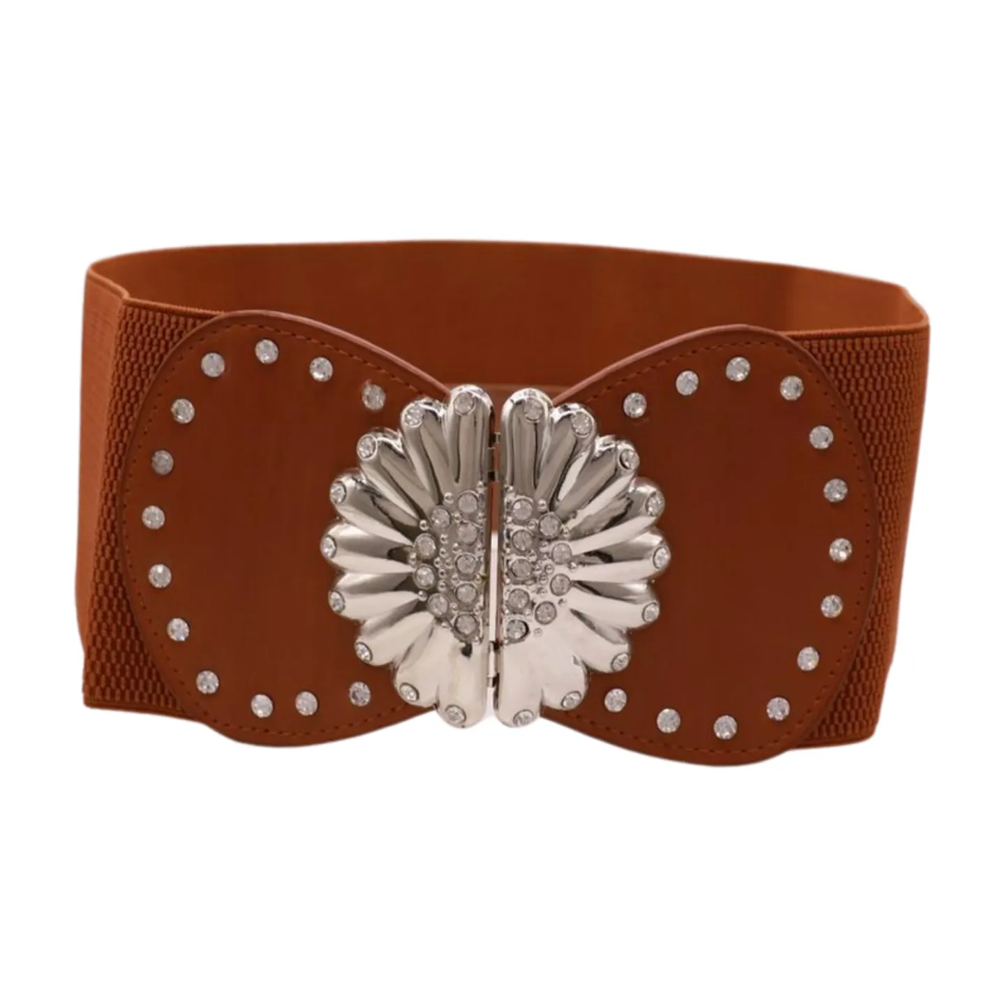 Wide Brown Faux Leather Elastic Fashion Belt Flower Buckle S M