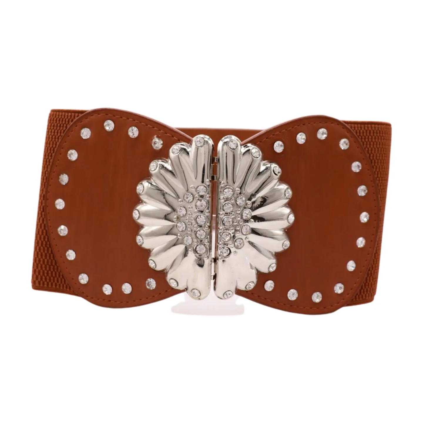 Wide Brown Faux Leather Elastic Fashion Belt Flower Buckle S M