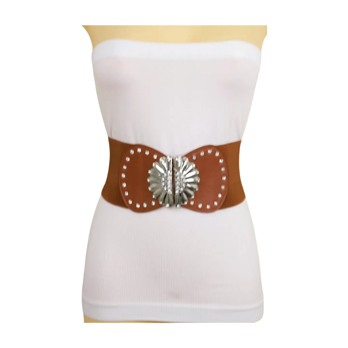 Wide Brown Faux Leather Elastic Fashion Belt Flower Buckle S M