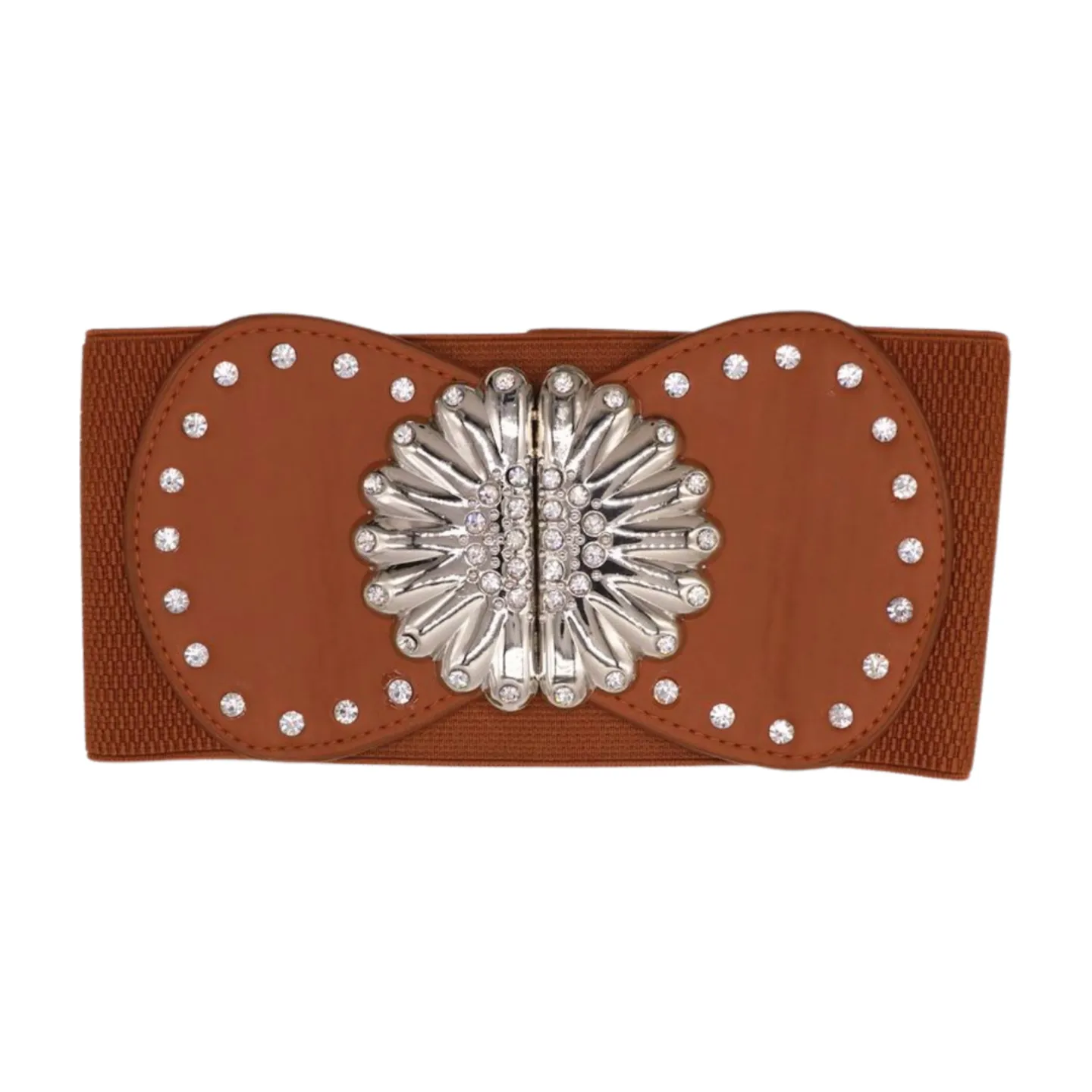 Wide Brown Faux Leather Elastic Fashion Belt Flower Buckle S M