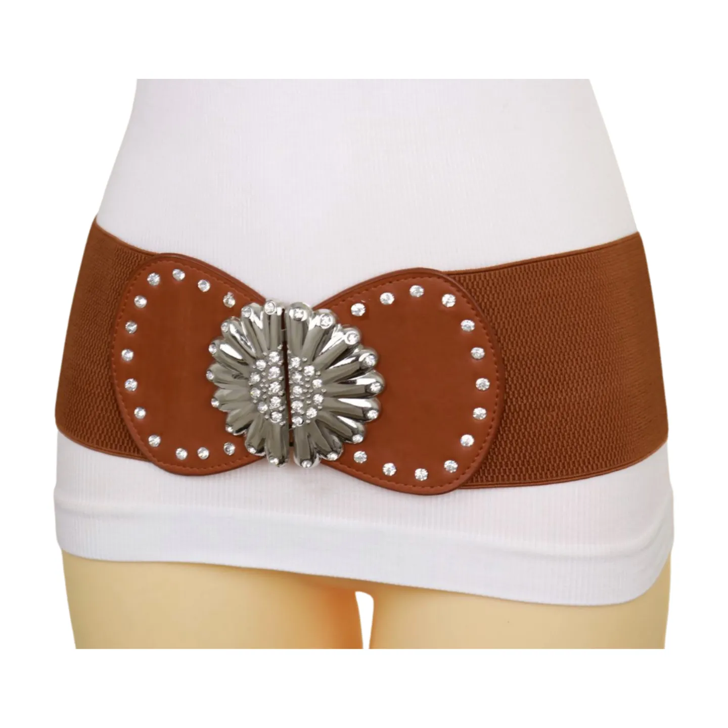 Wide Brown Faux Leather Elastic Fashion Belt Flower Buckle S M