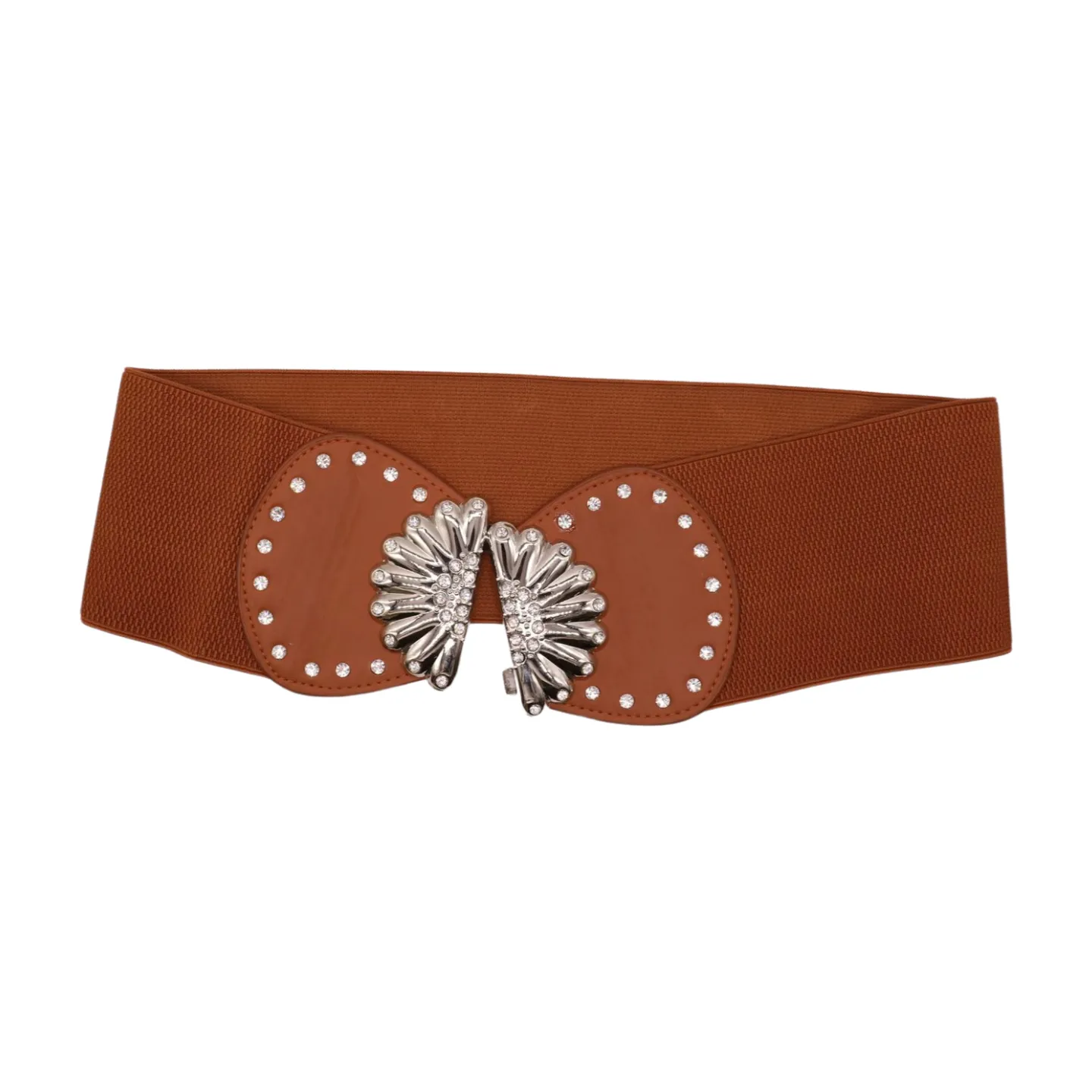 Wide Brown Faux Leather Elastic Fashion Belt Flower Buckle S M