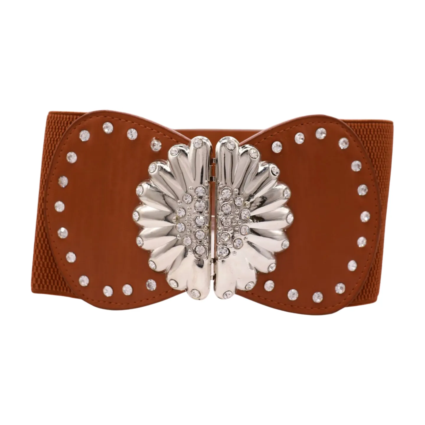 Wide Brown Faux Leather Elastic Fashion Belt Flower Buckle S M