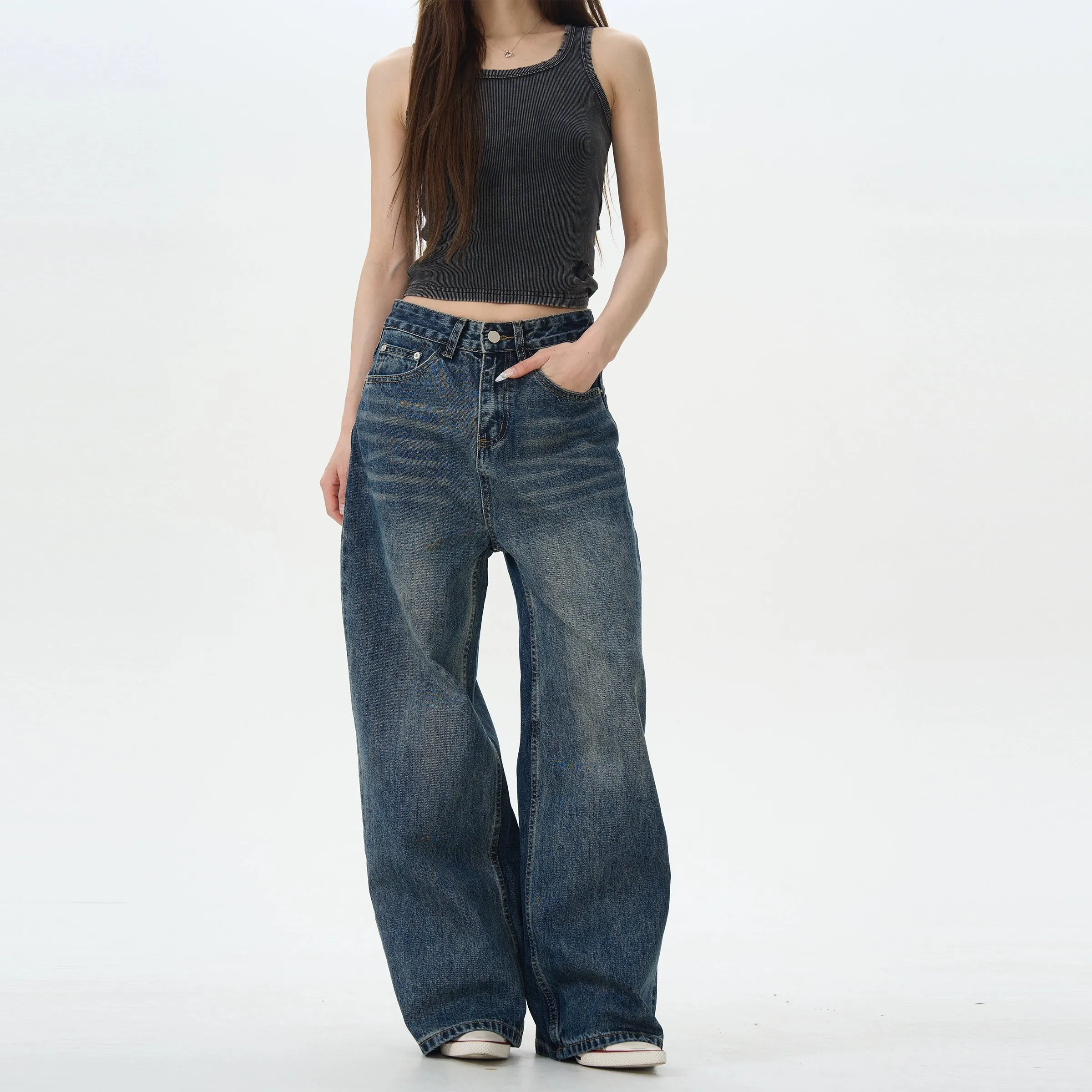 Wide-Leg Distressed Jeans