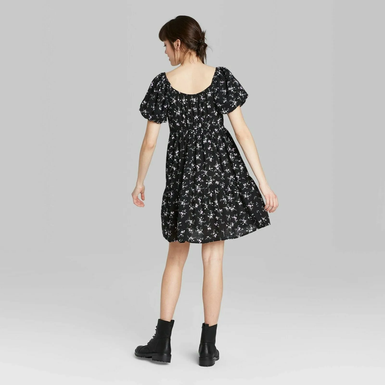 Wild Fable Women's Floral Puff Sleeve Round Neck Babydoll Dress Black Small