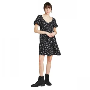 Wild Fable Women's Floral Puff Sleeve Round Neck Babydoll Dress Black Small
