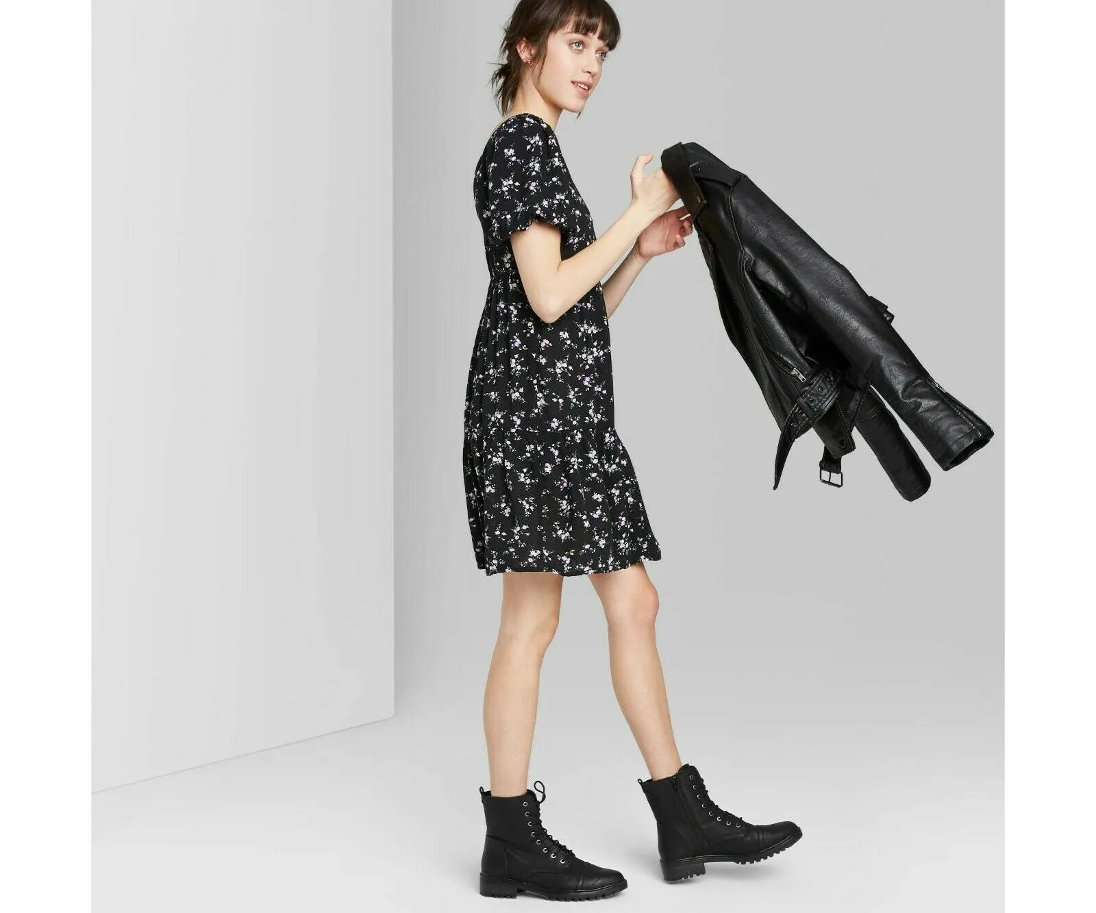 Wild Fable Women's Floral Puff Sleeve Round Neck Babydoll Dress Black Small
