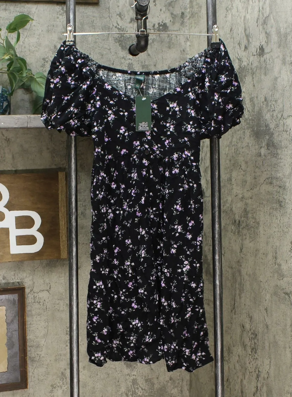 Wild Fable Women's Floral Puff Sleeve Round Neck Babydoll Dress Black Small