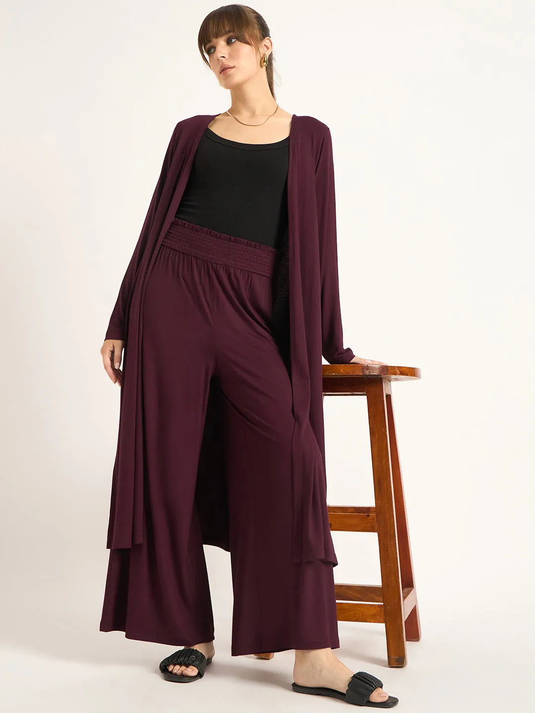 Wine Knit Smocking Detail Wide-leg Pants
