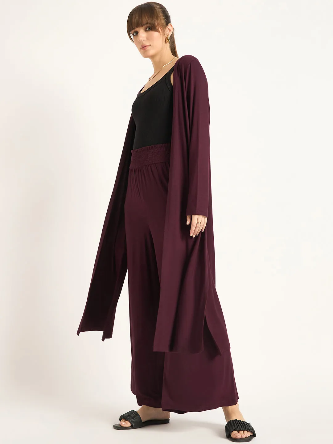 Wine Knit Smocking Detail Wide-leg Pants