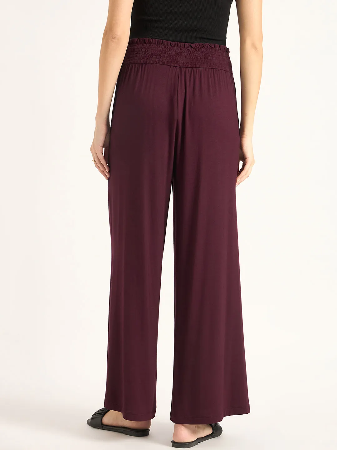 Wine Knit Smocking Detail Wide-leg Pants