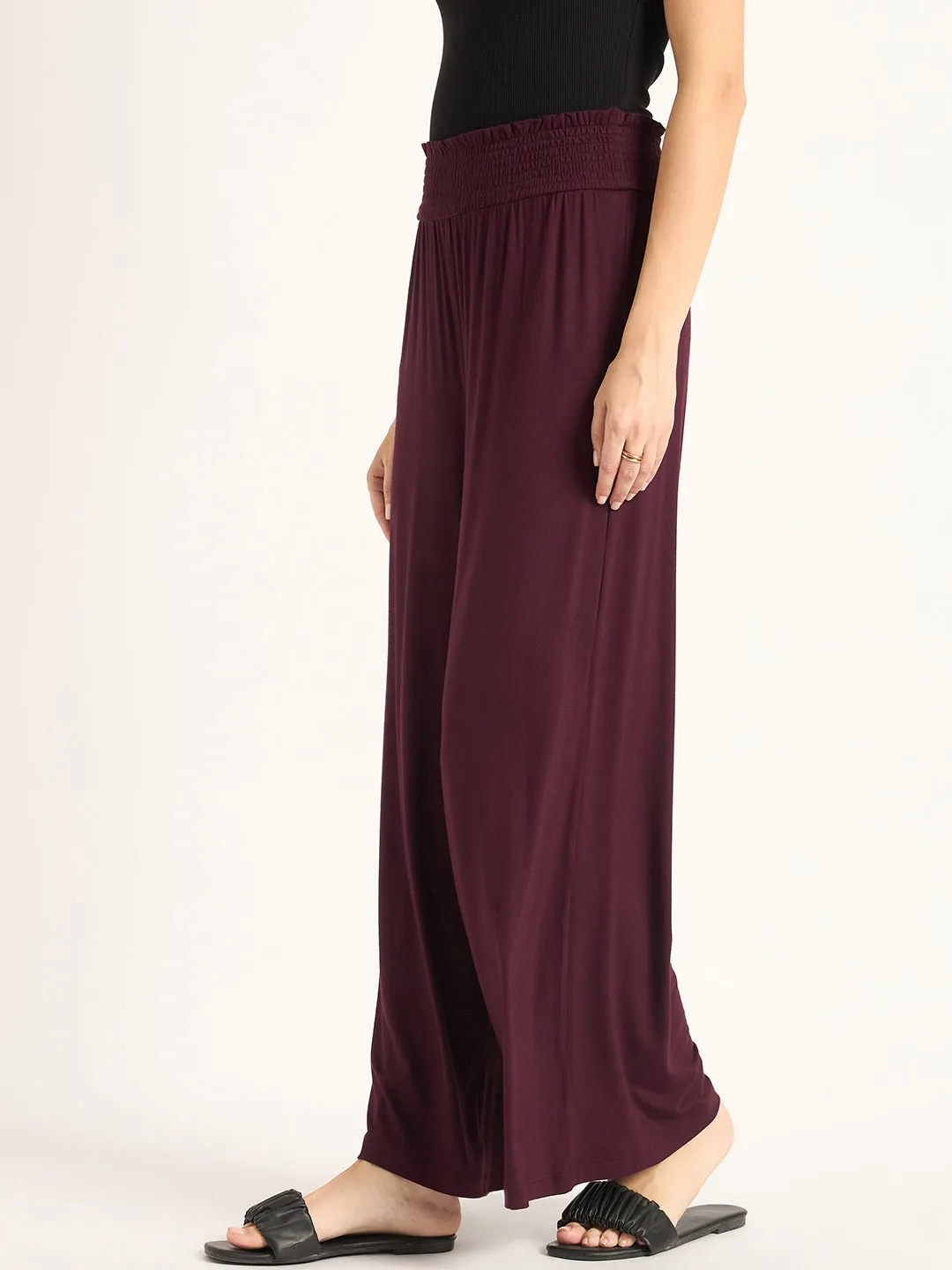 Wine Knit Smocking Detail Wide-leg Pants