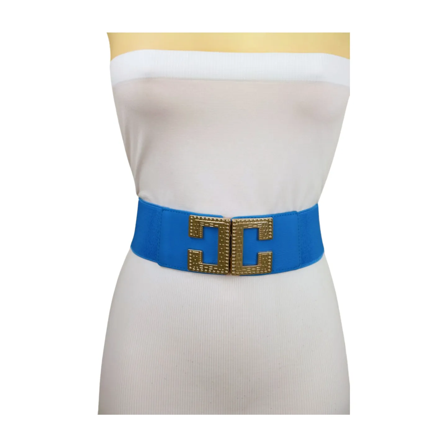 Women Blue Elastic Wide Fashion Belt Hip Waist Gold Metal C Buckle S M
