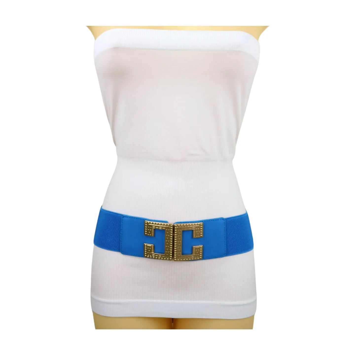 Women Blue Elastic Wide Fashion Belt Hip Waist Gold Metal C Buckle S M