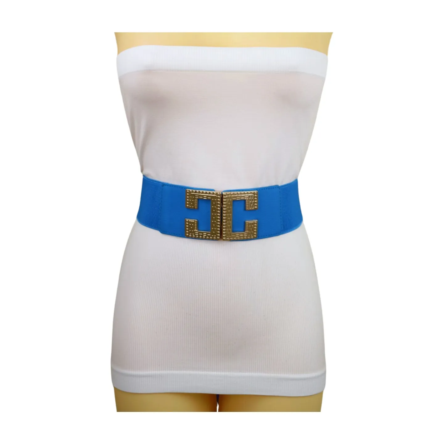 Women Blue Elastic Wide Fashion Belt Hip Waist Gold Metal C Buckle S M