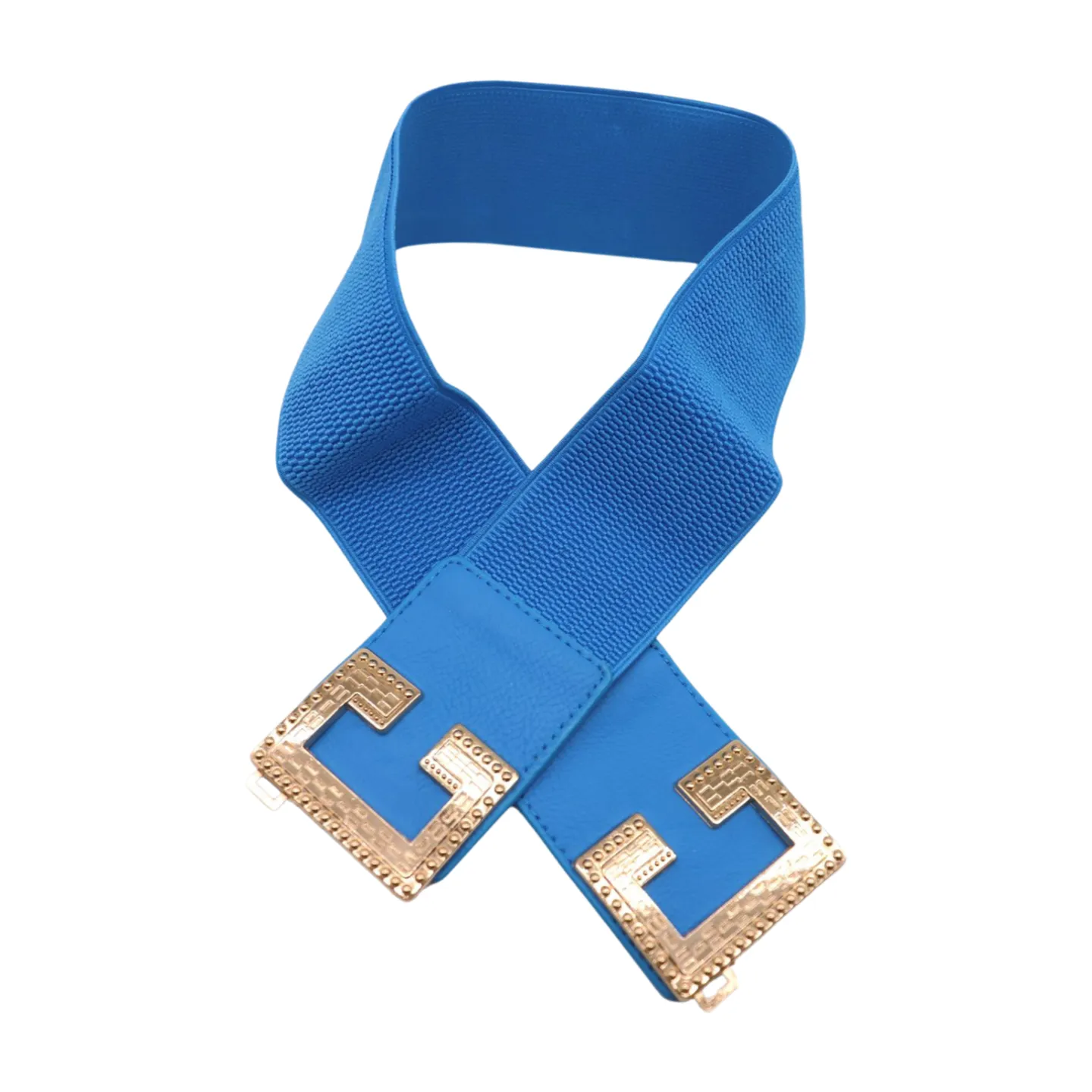 Women Blue Elastic Wide Fashion Belt Hip Waist Gold Metal C Buckle S M