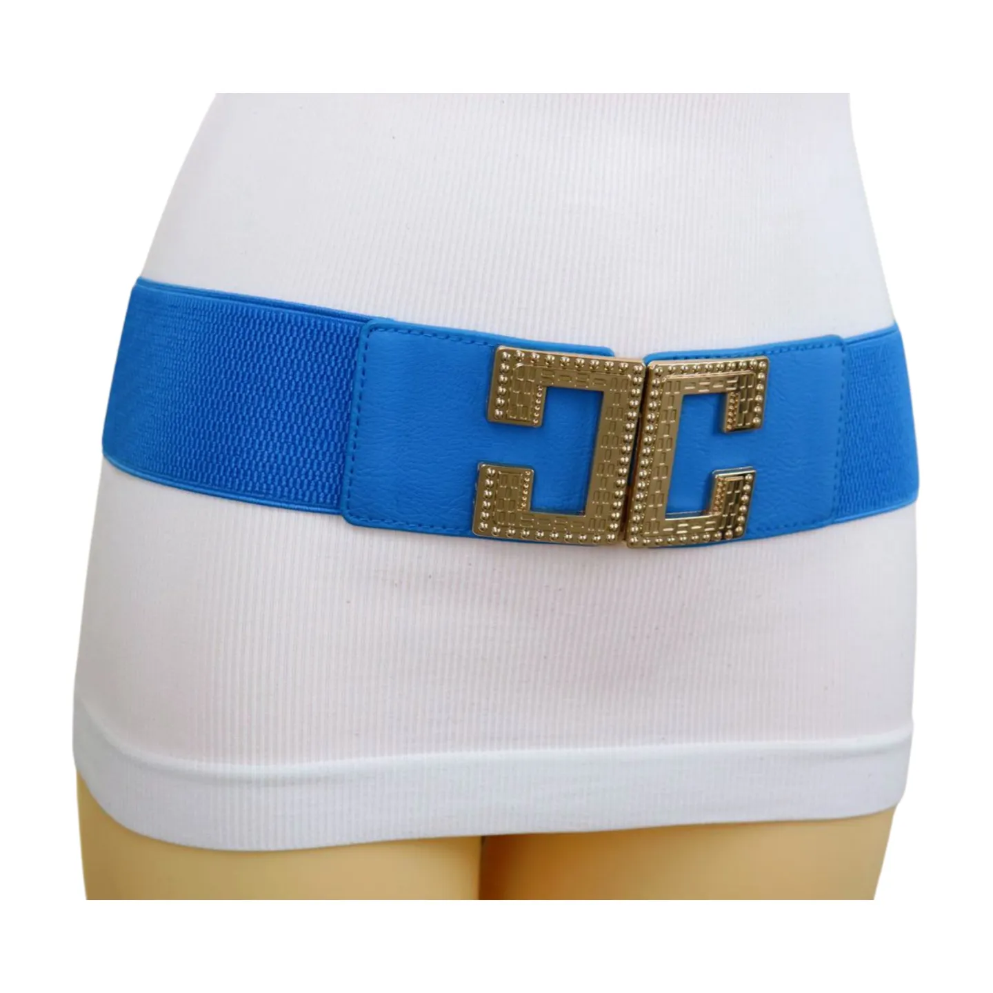 Women Blue Elastic Wide Fashion Belt Hip Waist Gold Metal C Buckle S M