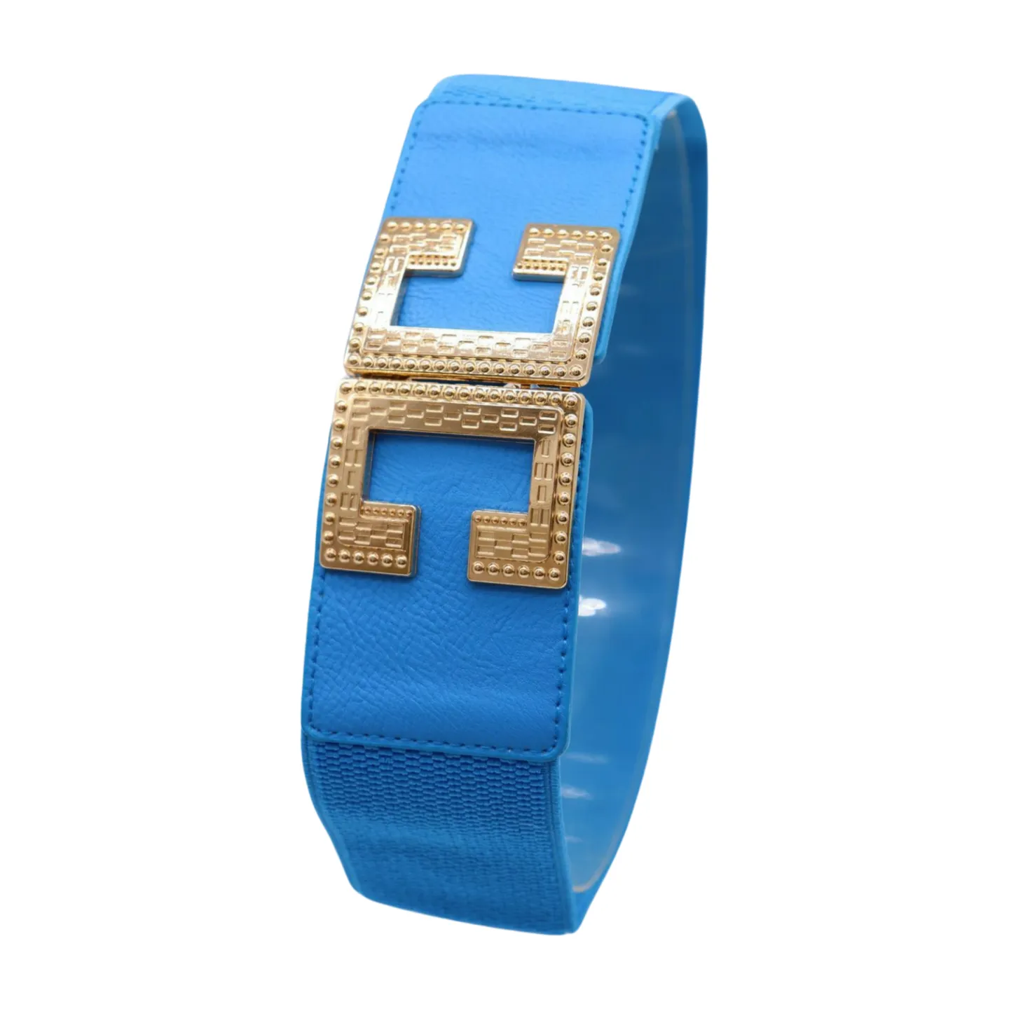 Women Blue Elastic Wide Fashion Belt Hip Waist Gold Metal C Buckle S M